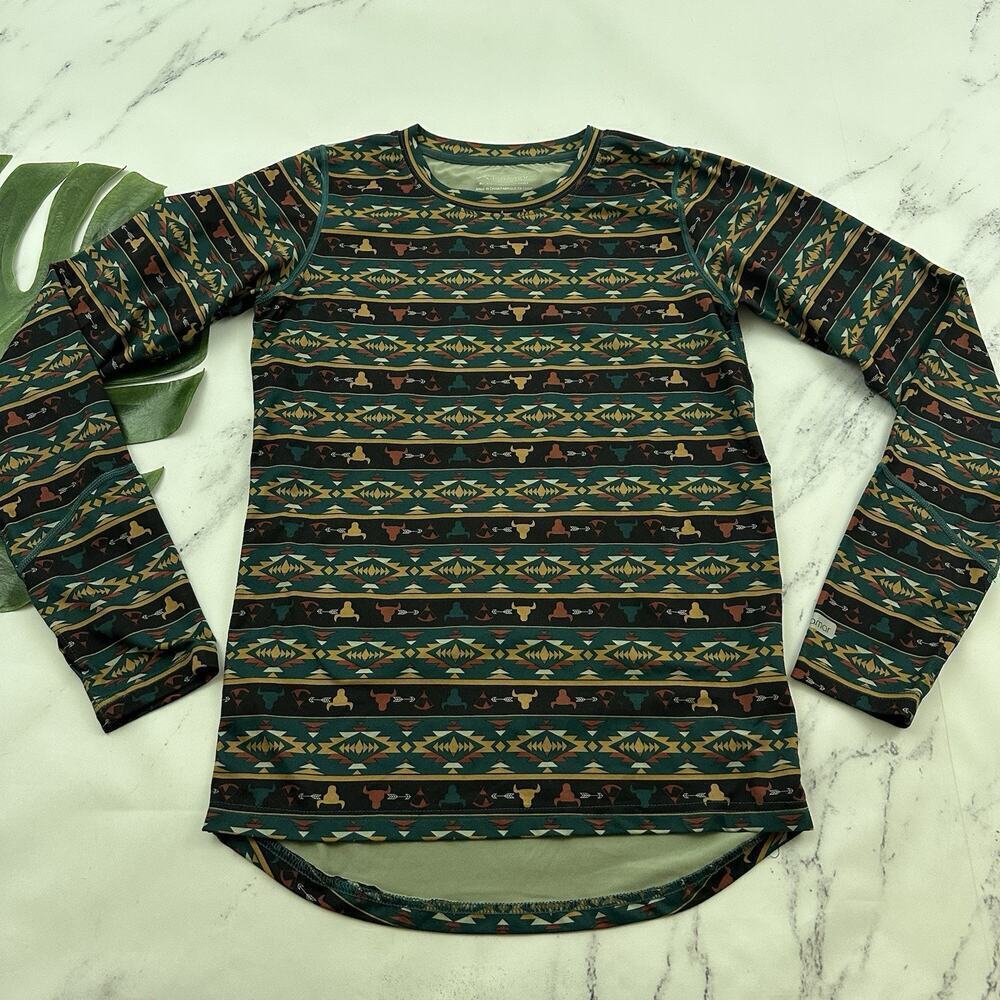 Terramar Womens Long Sleeve Top Size XL Green Brown Southwest Western Print